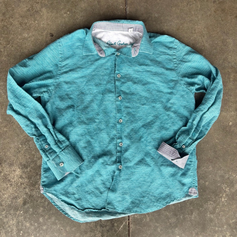 Robert Graham Brixton Button Down Shirt Mens Large Turquoise Linen Contrast Cuff